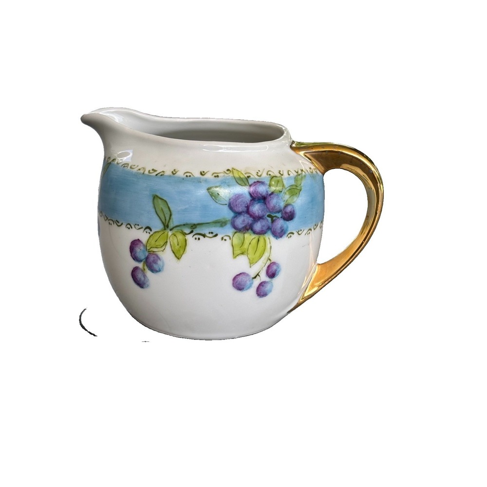 Vintage Bavaria Porcelain Cream Pitcher Hand Painted Grapes Gold Handle